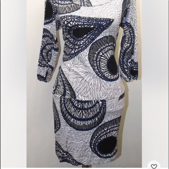 BCBG Max Azria Women Shirt Dress Long Sleeve Graphic Print White Blue Fitted XS - Picture 6 of 12